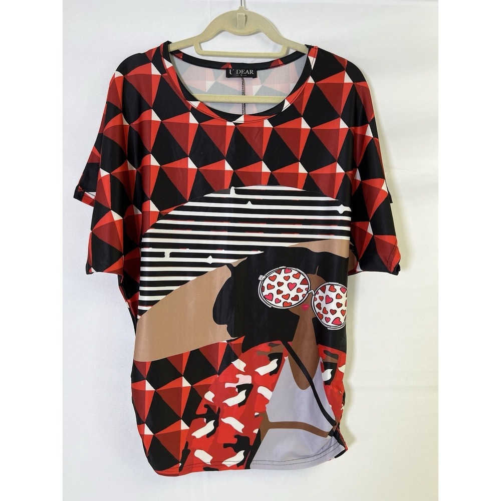 VTG  Women's Top Abstract Print‎ Art To Wear Short Sleeve Red UDear Size Small